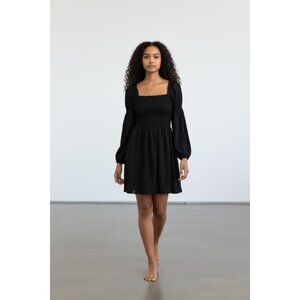 H&M Divided Black Smocked Square Neck Dress With Long Puff Sleeves - Size 3XS